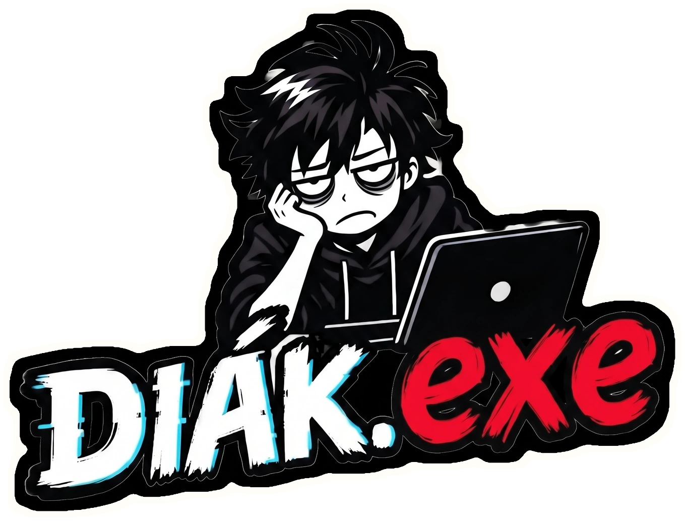 DIAK.exe logó: egy fáradt diák a laptopja előtt